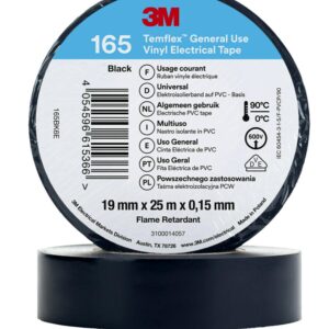 3M Temflex Black Polyvinyl Chloride Electrical Tape, 19mm x 25m - Image 1